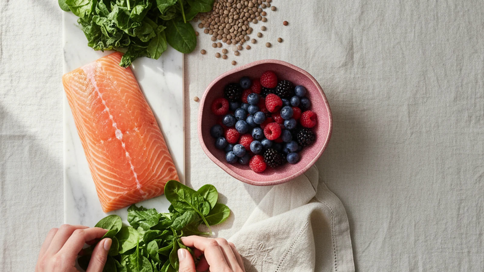 Editorial Flat-Lay frisches Gemüse, Lachsfilet, Beeren auf Leinen