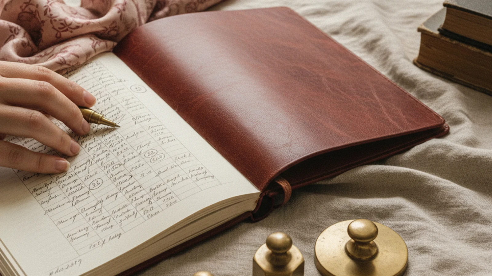Lederbuch mit handschriftlichen Zahlen, Messinggewichte, Bernsteinlicht
