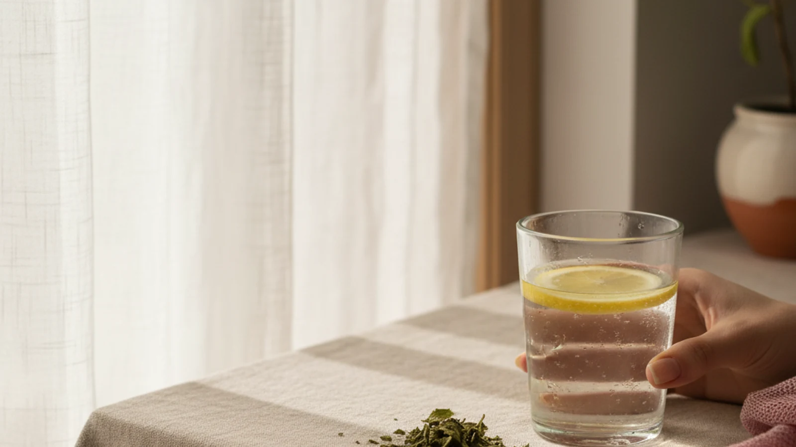 Glas Wasser mit Zitrone auf Leinen, Morgenlicht, Minzblätter