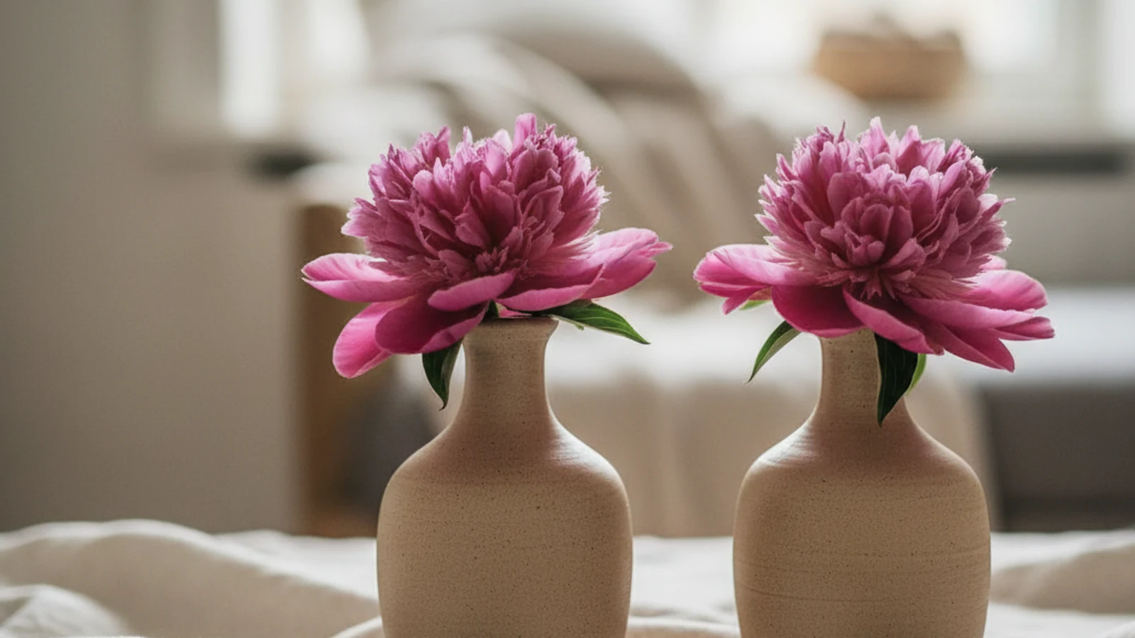 Zwei identische Keramikvasen mit zwei rosa Pfingstrosen, symmetrisch